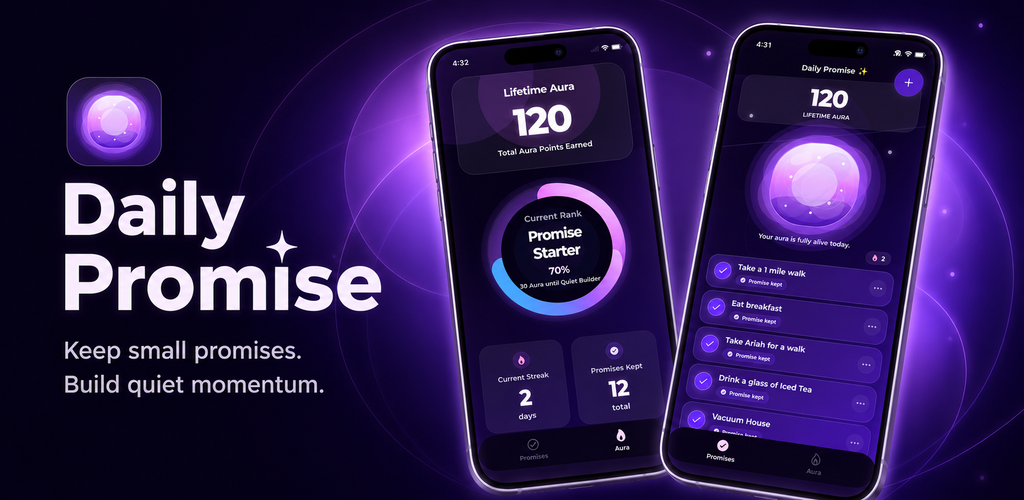 Daily Promise app preview showing promise tracking and Aura progress