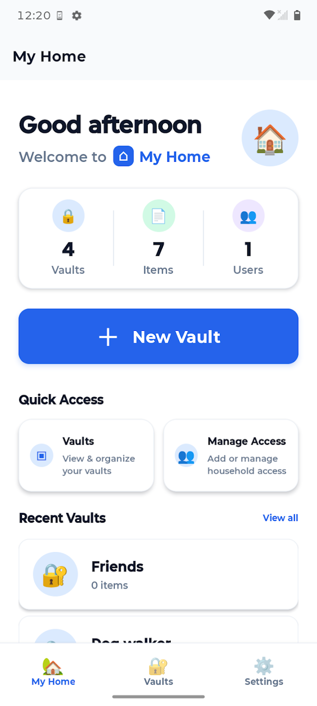 Home Vault home dashboard